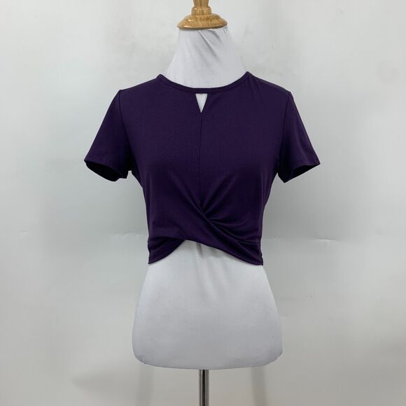 Zyia Active Twist Cropped Top Womens M Medium Purple Keyhole Short Sleeve Shirt - Picture 2 of 12